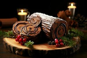 AI generated Classic Yule log a festive treat Christmas cake rolled and adorned for a delightful celebration AI Generated photo