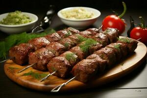 Juicy skewered seekh kababs a mouthwatering blend of spices and grilled goodness AI Generated photo