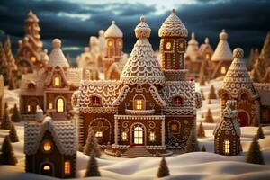 AI generated Christmas gingerbread house Magical fairy tale castle in snowy winter of sugary dreams AI Generated photo