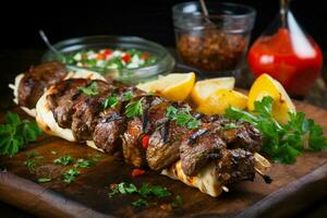 Juicy skewered seekh kababs a mouthwatering blend of spices and grilled goodness AI Generated photo