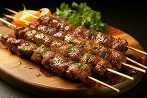 Juicy skewered seekh kababs a mouthwatering blend of spices and grilled goodness AI Generated photo