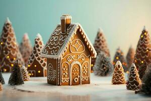 ai generado Navidad pan de jengibre casa mágico hada cuento castillo en Nevado invierno de azucarado Sueños ai generado foto