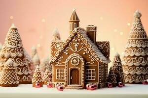 AI generated Christmas gingerbread house Magical fairy tale castle in snowy winter of sugary dreams AI Generated photo