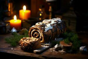 AI generated Classic Yule log a festive treat Christmas cake rolled and adorned for a delightful celebration AI Generated photo