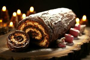 AI generated Classic Yule log a festive treat Christmas cake rolled and adorned for a delightful celebration AI Generated photo