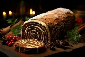 AI generated Classic Yule log a festive treat Christmas cake rolled and adorned for a delightful celebration AI Generated photo