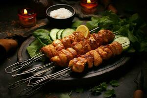 Juicy skewered seekh kababs a mouthwatering blend of spices and grilled goodness AI Generated photo