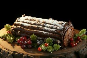 AI generated Classic Yule log a festive treat Christmas cake rolled and adorned for a delightful celebration AI Generated photo