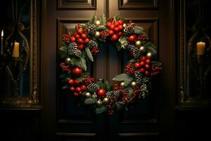 AI generated Rustic Christmas wreath ornaments a beacon of yuletide charm AI Generated photo