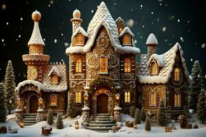 AI generated Christmas gingerbread house Magical fairy tale castle in snowy winter of sugary dreams AI Generated photo