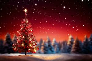 AI generated Magical holiday Christmas backdrop a sparkling tree and bokeh lights on red  AI Generated photo