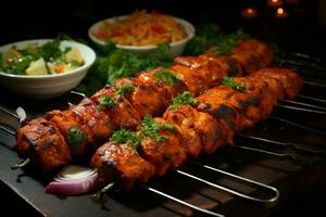 Juicy skewered seekh kababs a mouthwatering blend of spices and grilled goodness AI Generated photo