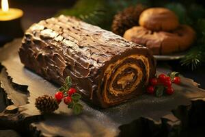 AI generated Classic Yule log a festive treat Christmas cake rolled and adorned for a delightful celebration AI Generated photo