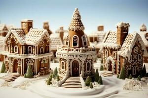 AI generated Christmas gingerbread house Magical fairy tale castle in snowy winter of sugary dreams AI Generated photo