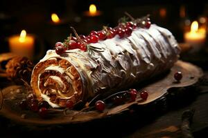 AI generated Classic Yule log a festive treat Christmas cake rolled and adorned for a delightful celebration AI Generated photo