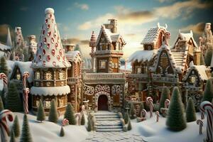 AI generated Christmas gingerbread house Magical fairy tale castle in snowy winter of sugary dreams AI Generated photo