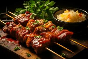 Juicy skewered seekh kababs a mouthwatering blend of spices and grilled goodness AI Generated photo