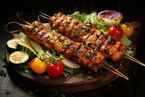 Juicy skewered seekh kababs a mouthwatering blend of spices and grilled goodness AI Generated photo