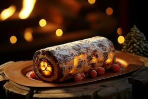 AI generated Classic Yule log a festive treat Christmas cake rolled and adorned for a delightful celebration AI Generated photo