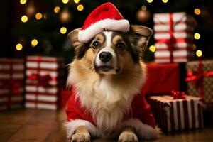 ai generado Navidad festividades con un amable perro celebrando con festivo decoraciones y fiesta alegría ai generado foto