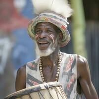 un mayor músico con un alegre expresión obras de teatro un tambor, adornado con cultural cara pintar y tradicional sombrero, ai generado foto