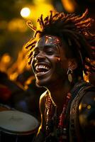 un hombre con cara pintar y un radiante sonrisa obras de teatro el tambor, iluminado por el calentar resplandor de un ajuste sol, ai generado foto