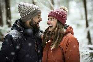 AI generated Man and woman in winter attire smiling and enjoying each other's company amidst falling snow in a forest photo