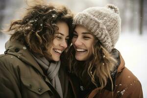 AI generated Two women sharing a joyful moment on a snowy day photo