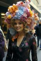 A Radiant Woman in a Large, Colorful Floral Hat and a Dark Floral Dress at a Festive Parade, AI Generated photo