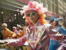 A Parade Drummer in a Whimsical Pink Wig and Stylish Sunglasses is surrounded by Confetti, Bringing a Festive Atmosphere to the Easter Celebration, AI Generated photo