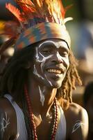A Man in High Spirits with Traditional Face Paint and Feathered Headdress, Enjoying a Cultural Event, AI Generated photo