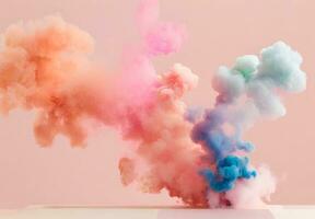 AI generated abstract figures of smoke and steam of colors on a white and pale pink background photo