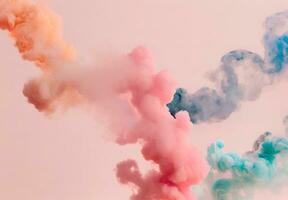 AI generated abstract figures of smoke and steam of colors on a white and pale pink background photo