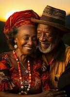 An intimate portrait of an elderly couple in vibrant traditional African attire, sharing a heartfelt moment, AI Generated photo
