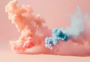 AI generated abstract figures of smoke and steam of colors on a white and pale pink background photo