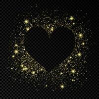 Heart shape frame with golden glitter on dark background. Greeting card with empty dark background. Vector illustration.