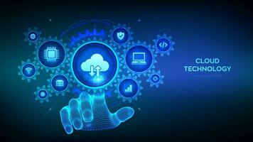 Cloud computing service. Cloud storage connection hi-tech concept. Cloud technology business processes. Wireframe hand touching digital interface with connected gears cogs, icons. Vector illustration.