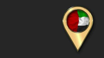 United Arab Emirates Gold Location Icon Flag Seamless Looped Waving, Space on Left Side for Design or Information, 3D Rendering video