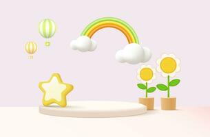 3D rendering podium kid style with colorful pastel background, clouds and weather with space for kids or baby product vector