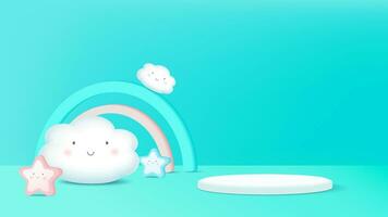 3d representación podio niño estilo con color pastel fondo, nubes y clima con espacio para niños o bebé producto vector