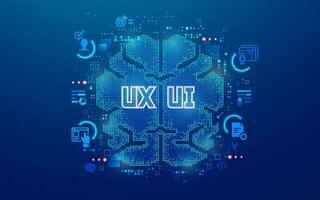 concepto de ux ui desarrollo, gráfico de futurisitc cerebro lado separando usuario experiencia diseño y usuario interfaz diseño vector