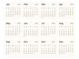 Monthly calendar template for 2024. Starts on Sunday. vector