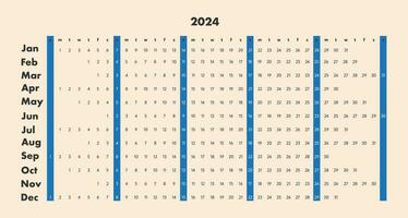 Monthly calendar template for 2024. Starts on Sunday. vector