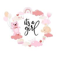 This is a girl, the inscription is written in calligraphic font and decorated with a pacifier rattle, a bear, an elephant, clouds, a ball, a rainbow, a cake, and a crown. Gender party concept. vector