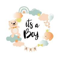 This is a boy, the inscription is written in calligraphy and decorated with a rattle-pacifier, a bear, an elephant, clouds, and the sun. Gender party concept. Vector illustration.