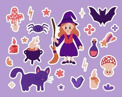 Cute and cozy magical characters and items. Set of stickers in flat cartoon style. Witch and related items. Perfect for printout, stickers, prints vector