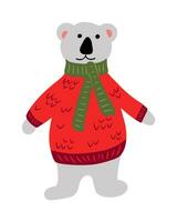 Flat hand drawn childish Christmas polar bear. Christmas traditional person, Santa Claus friend in warm sweater and scarf in kids cartoon style. Ideal for Christmas decoration, stickers, pattern vector
