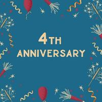 Greeting card or banner with text 4th anniversary. Frame design print with celebrating elements with dotted texture on blue background. Good for social media graphics, background, banner vector