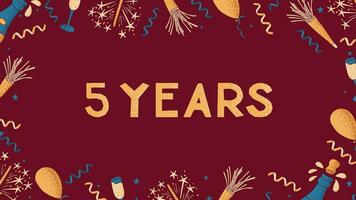 Vector greeting banner with text 5 Years. Flat composition for anniversary, birthday or wedding. Template of print design with celebrating elements with dotted texture on dark red background.