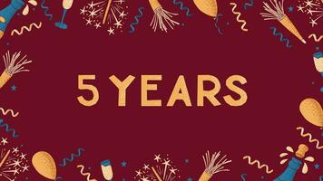 Vector greeting banner with text 5 Years. Flat composition for anniversary, birthday or wedding. Template of print design with celebrating elements with dotted texture on dark red background.